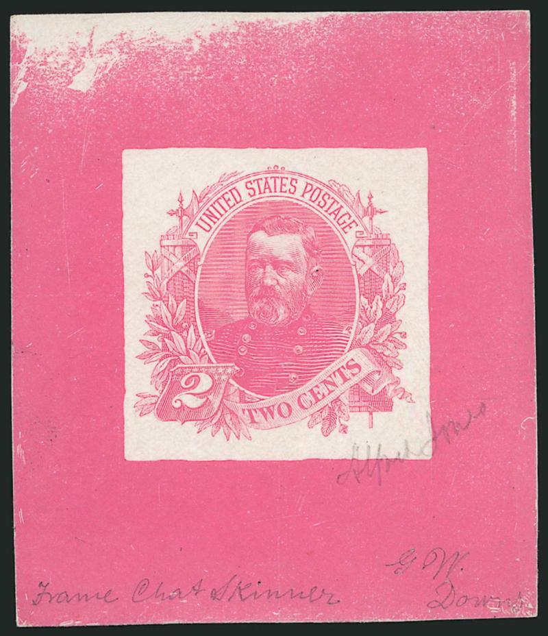 2c Dark Pink, Grant Letter Sheet Die Essay (U293E).> 64x74mm, signed by three different engravers, Very Fine and scarce, extensive pencil notes on reverse
