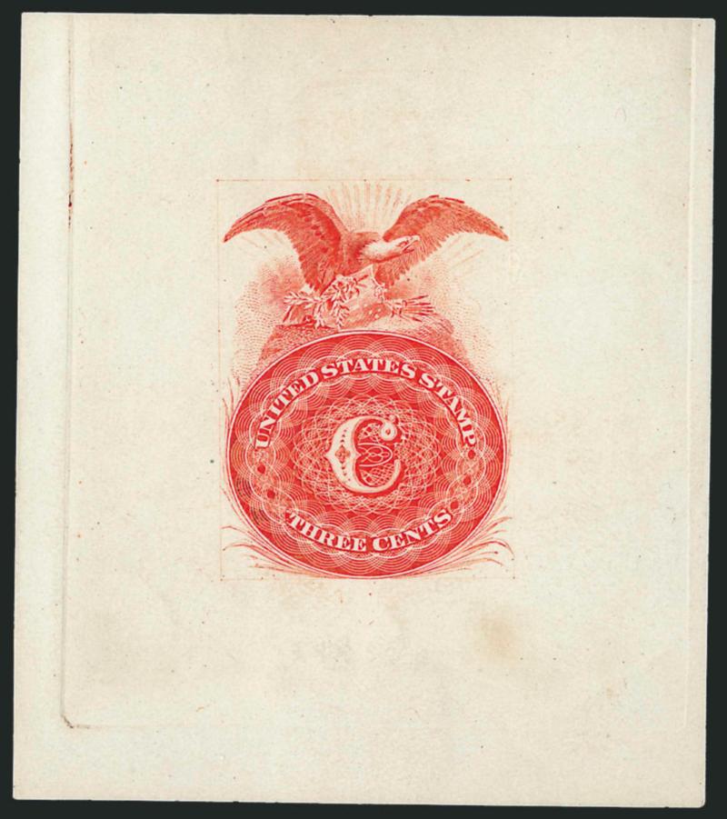 United States Stamp and Three Cents in Lathework Oval with C in Center, Eagle Above, Die Essays (Old Brazer 56E-G).> Three items, incl. virtually full die in Scarlet on Ivory paper, 65 x 73mm (pencil note on
back 5 or 6 known), dies on bond i