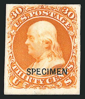 Specimen Ovpts. on Card Plate Proofs.> Seventeen different, about half are 1879 Bank Notes with Ty. D ovpt., four others with Ty. D incl. Nos. 39P4, 63P4, 71P4 and 78P4, also five others with archival or
printers sample Specimen ovpts. incl Nos.
