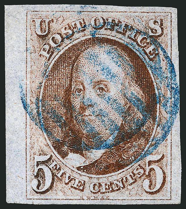 5c Red Brown (1).> Huge margins to full incl. <sheet margin at left,> brilliant color nicely complemented by <blue grid> cancel, fresh and Extremely Fine Gem, with 1999 P.F. certificate