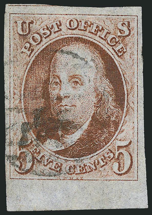 5c Red Brown (1).> Large to enormous margins incl. <bottom sheet margin,> attractive color, <black> grid cancel, trivial corner crease and tiny scissors cut entirely outside of the design at top left, otherwise
Extremely Fine