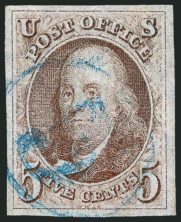5c Red Brown (1).> Large and balanced margins, pale shade nicely complemented by <blue 5 numeral> cancel, Extremely Fine, a beautiful stamp, with 1985 P.F. certificate