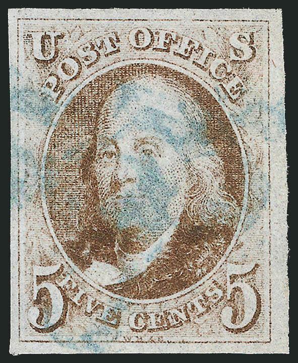 5c Grayish Brown (1a).> Large to huge margins, <blue 5> numeral cancel, fresh and Extremely Fine, with 1985 P.F. certificate