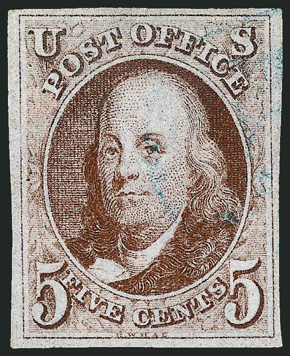 5c Red Brown (1).> Full and even margins, bright shade and crisp impression, light strike of <blue circular datestamp> leaves design clearly visible, Very Fine and choice, with 1997 A.P.S. certificate