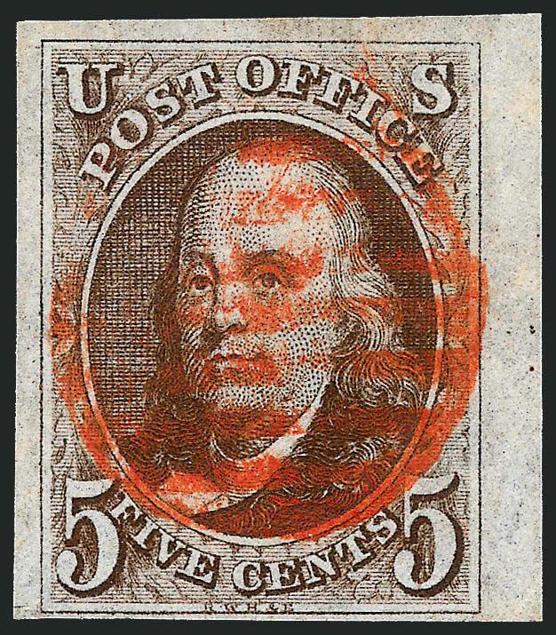 5c Red Brown (1).> Huge margins to clear incl. <sheet margin at right,> detailed impression, well-struck red grid cancel, fresh and Very Fine, with 1991 P.F. certificate