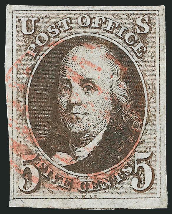 5c Dark Brown (1a).> Large margins, deep rich color nicely complemented by red grid cancel, Very Fine and choice, with 2003 P.F. certificate