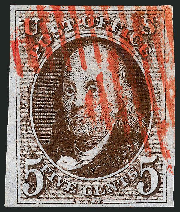 5c Dark Brown (1a).> Large margins to full, deep rich color nicely complemented by red New York square grid cancel, Very Fine and choice, with 1980 P.F. certificate on cover (which accompanies)