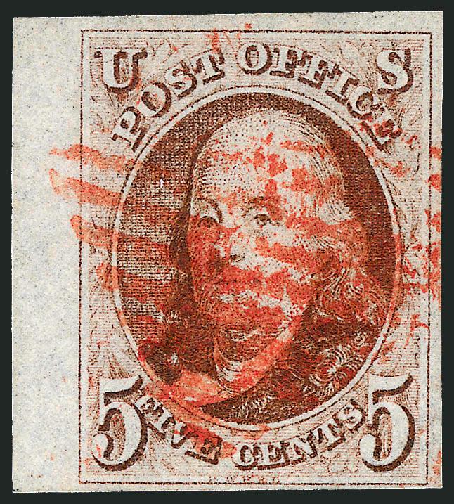 5c Red Brown (1).> Large margins to ample at bottom incl. <sheet margin at left,> crisp impression, red New York square grid cancel, Very Fine, ex Koppersmith, with 1987 P.F. certificate