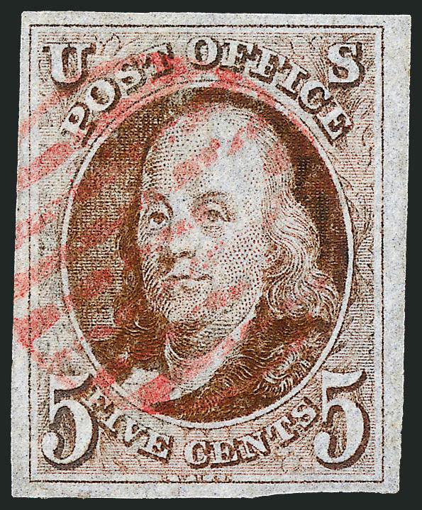 5c Red Brown (1).> Large margins to clear, bright shade, neat strike of red grid cancel, Very Fine and choice, with 1985 P.F. certificate