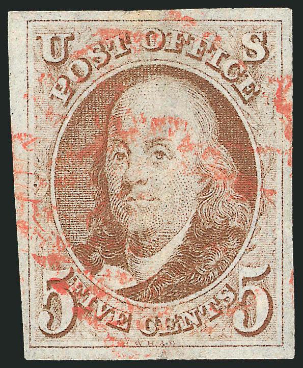 5c Red Brown (1).> Large to full margins, light red square grid cancel, Very Fine and choice, with 1996 P.F. certificate