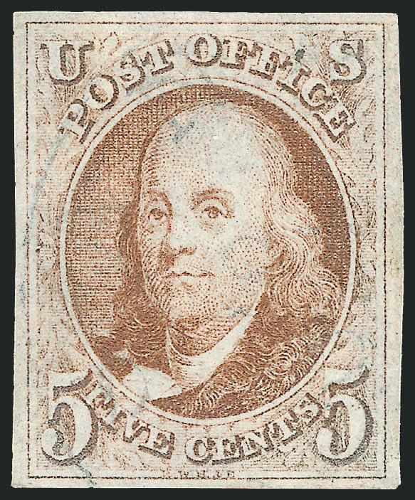 5c Red Brown (1).> Full even margins, light strike of <blue town> circular datestamp, Very Fine and choice, with 2000 P.F. certificate