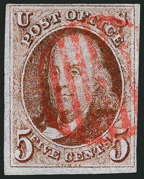 5c Red Brown (1).> Large margins to clear, radiant color, neat strike of red grid cancel, fresh and Fine, with 1980 P.F. certificate