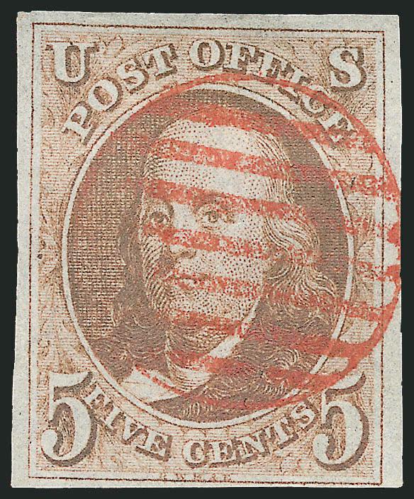 5c Brown (1).> Three large margins, clear at bottom, rich color, bold red grid cancel, fresh and Fine, with 2001 P.F. certificate