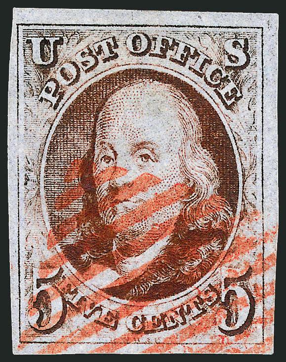 5c Red Brown (1).> Large margins all around, radiant color, red New York square grid cancel, Very Fine and choice, with 1996 P.F. certificate