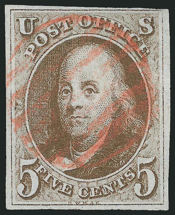 5c Red Brown (1).> Large margins to clear, rich color and detailed impression, neat strike of red grid cancel, Very Fine, with 1978 P.F. certificate describing shade as Dark Brown