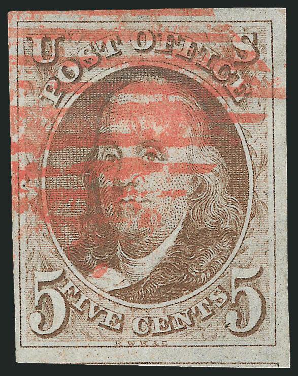 5c Red Brown (1).> Full to large margins including part of adjoining stamp at bottom, bold red New York square grid cancel, small corner crease at bottom right, otherwise Very Fine, with 2000 P.F.
certificate