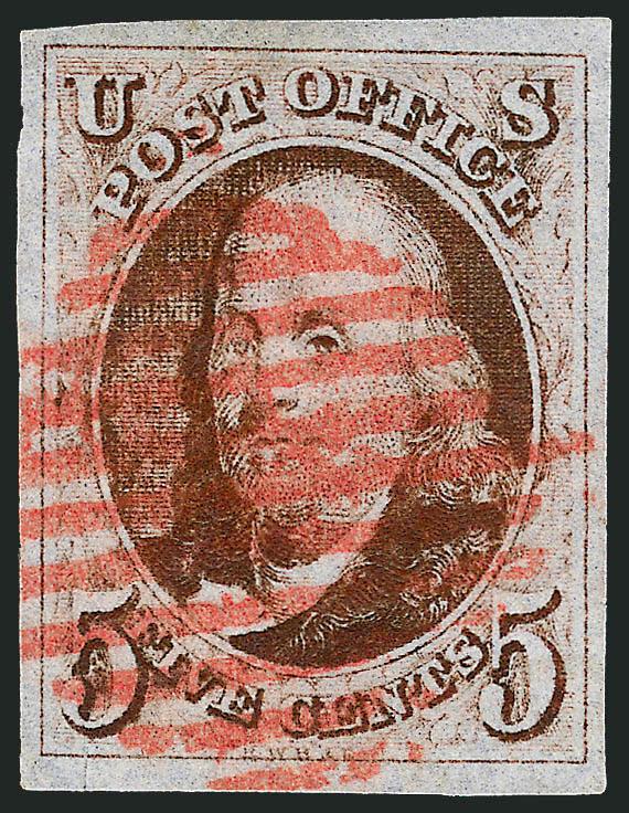 5c Red Brown (1).> Large even margins, late worn impression, red square grid, tiny scissors-cut in bottom left margin, otherwise Extremely Fine, ex Argentum, with 1999 P.F. certificate