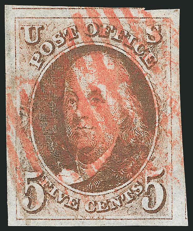 5c Red Brown (1).> Large margins all around incl. part of adjoining stamps at top and right, dark color, red grid cancels, tiny crease at left, appears Extremely Fine