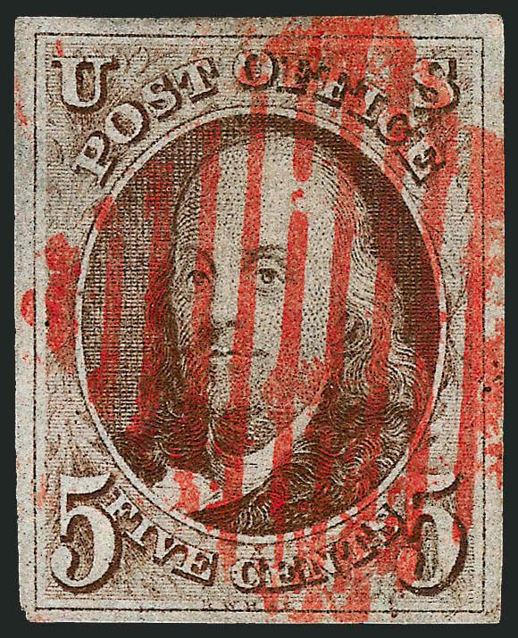 5c Red Brown (1).> Large margins to full, bright shade, well-struck red New York square grid cancel, tiny tear at bottom right, appears Very Fine