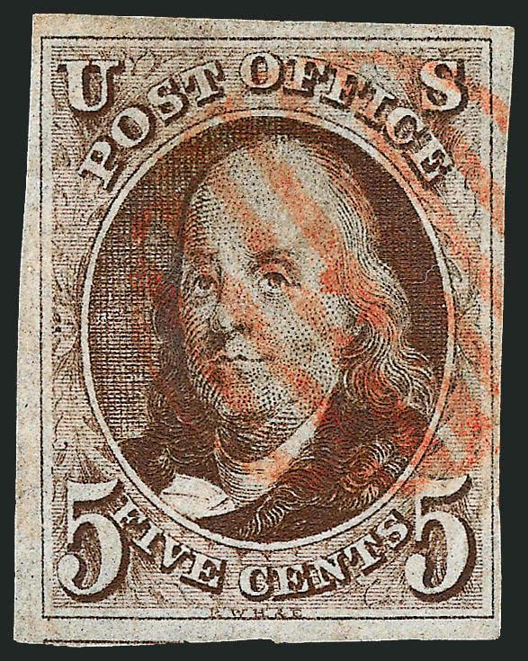 5c Red Brown (1).> Large margins to clear incl. part of adjoining stamp at bottom, rich color, neat strike of red grid cancel, tiny thin spot at top right, Very Fine appearance, with 1999 P.F.
certificate