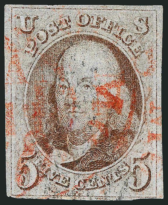 5c Red Brown (1).> Unusual pale shade from a worn impression, large margins to barely touched, light strike of <red town> circular datestamp and also <trace of black cancel,> Fine, with 1999 P.F.
certificate