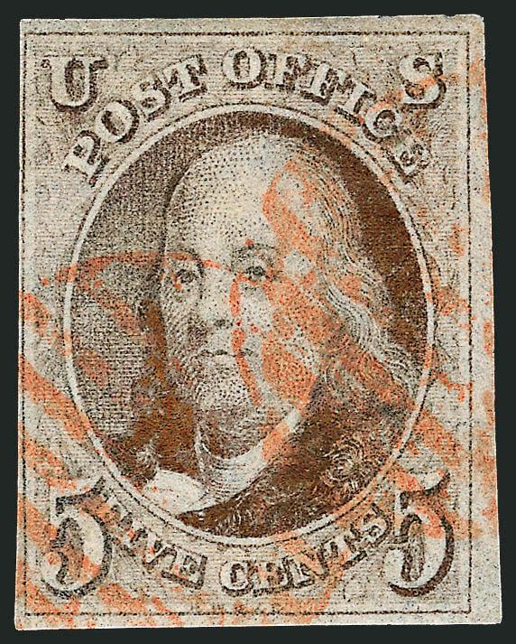 5c Red Brown (1).> Large margins to clear, bright shade, light strikes of red grid cancel, thin spot at bottom and also with traces of original gum, appears Fine