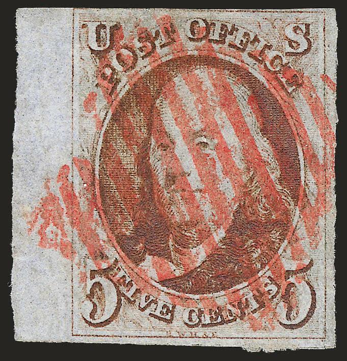 5c Red Brown (1).> Large margins to just in incl. <sheet margin> at left, bold strike of red New York square grid cancel, Fine