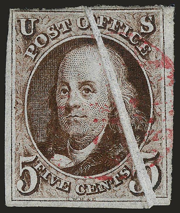 5c Red Brown (1).> Large margins to clear, deep rich color, dramatic <pre-printing paperfold,> red grid cancel, Very Fine, a stunning variety, with 2001 P.F. certificate