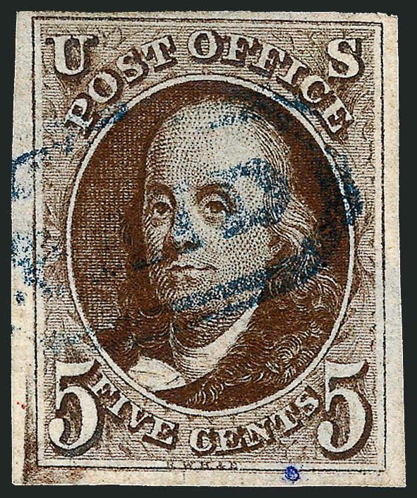 5c Brown, Double Transfer Ty. A (1-A).> Position 90R1, three large margins, ample at top, rich color with unusual plate wash at bottom left, blue Philadelphia <Paid in oval> cancel, small extraneous blue ink
spot at bottom, otherwise Very Fine exam