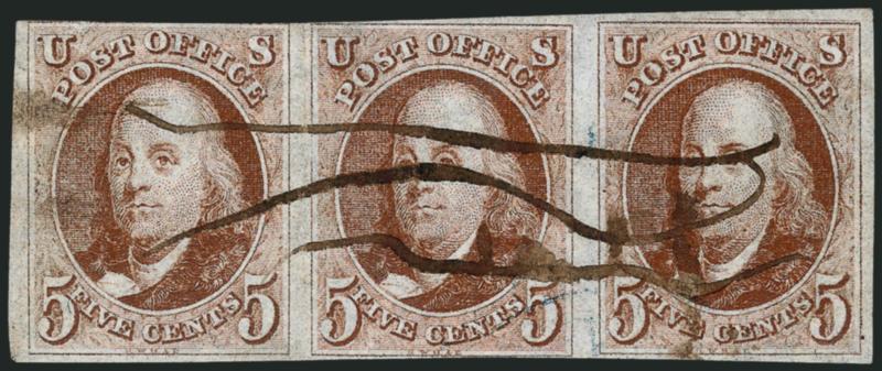 5c Red Brown (1).> Horizontal strip of three, large margins to just in at top left, bright color, neat ms. cancels, faint vertical crease mostly between left stamps, Fine appearance, a scarce multiple of the 5c
1847 Issue