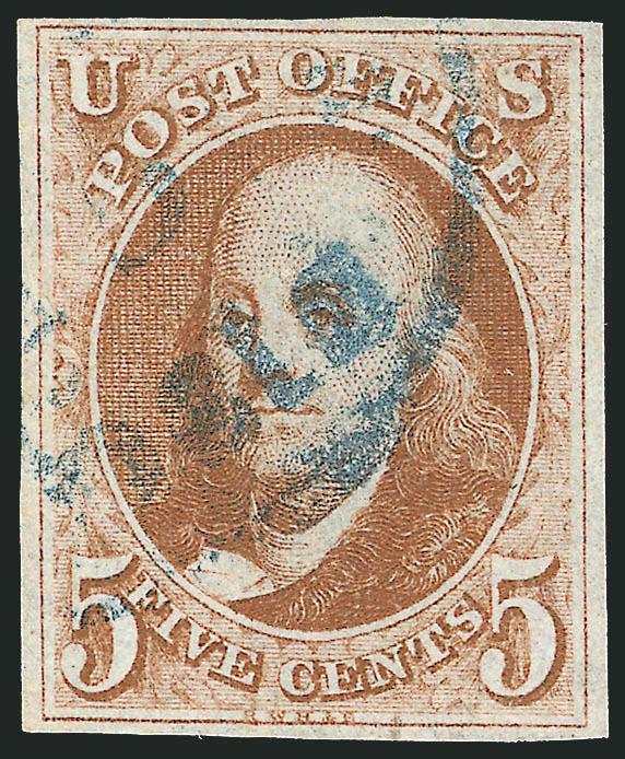 5c Orange Brown (1b).> Full even margins, bright color and clear impression, blue Philadelphia circular datestamp, showing <dot in S> variety at top right, fresh and Very Fine, with 2001 P.F. certificate, Scott
Retail with no premium for the dot in