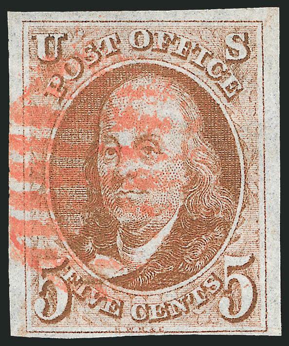 5c Orange Brown (1b).> Three large margins, close at bottom, sharp impression on nicely blued paper, bold red grid cancel, Very Fine, with 1973 R.P.S. and 2001 P.F. certificates