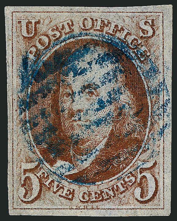 5c Brown Orange (1b).> Large margins all around, bright blue grid cancel, beautiful rich color<><>^EXTREMELY FINE. A SUPERB EXAMPLE OF THE SCARCE 5-CENT 1847 BROWN ORANGE SHADE.^<><>With 1981 P.F.
certificate