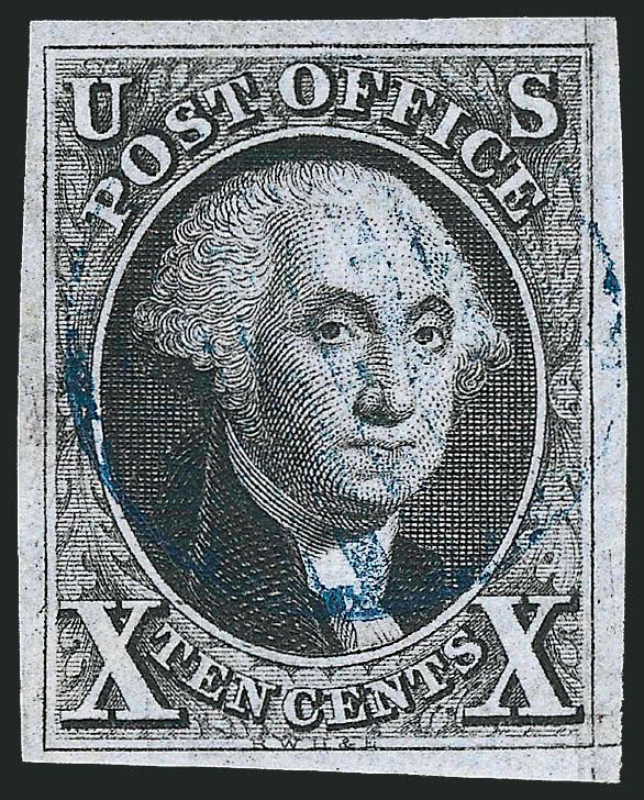 10c Black (2).> Full to large margins, clear impression with neat <blue grid> cancel, Extremely Fine, with 1981 P.F. and 2008 P.S.E. certificates (VF-XF 85 SMQ $1,650.00)