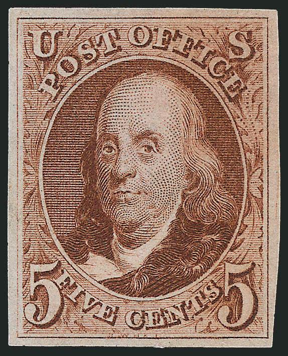 5c Red Brown, Reproduction (3).> Without gum as issued, ample to large margins, fresh color, Very Fine and choice, with 2002 P.S.E. certificate