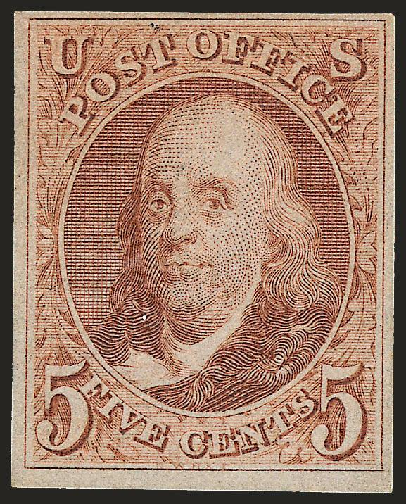 5c Red Brown, Reproduction (3).> Without gum as issued, full to large margins, radiant color, Very Fine