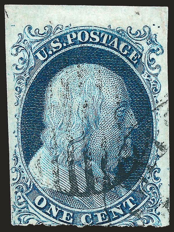 1c Blue, Ty. Ib (5A).> Position 6R1E, large margins to in at bottom incl. <sheet margin at top,> neat strike of grid and part of circular datestamp cancel, inconsequential corner crease at top right entirely in
margin<><>^A FINE EXAMPLE OF THE 1851