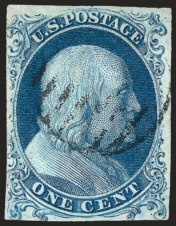 1c Blue, Ty. Ia (6).> Plate 4, mostly ample margins with bottom plumes visible, deep shade, neat strike of grid cancel, tiny scuff on head, faint pressed-out vertical crease<><>^FINE APPEARING EXAMPLE OF THE
RARE 1851 ONE-CENT TYPE IA IMPERFORATE.^