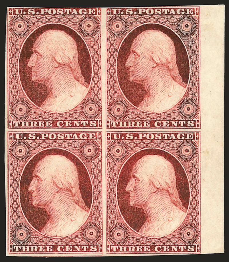 3c Dull Red, Ty. II (11A).> Block of four, original gum, lightly hinged, large margins to in incl. <sheet margin at right,> distinct doubling of framelines at left of left stamps, deep rich color, Fine-Very
Fine