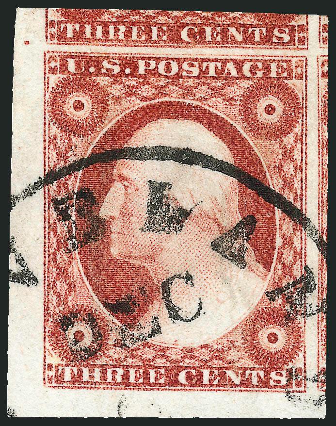 3c Brownish Carmine, Ty. II (11A).> Huge to enormous margins incl. bottom left sheet corner and parts of the three other adjoining stamps, magnificent color, neat circular datestamp<><>^EXTREMELY FINE GEM. THIS
GORGEOUS STAMP HAS BEEN AWARDED THE G