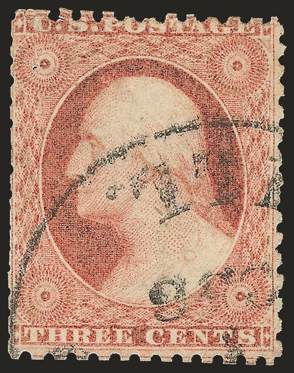 3c Dull Red, Chicago Perf 12-12 (11 var).> Bright shade, neatly cancelled by 1856 Chicago circular datestamp, perfs scissors-trimmed at left, few small faults incl. pinhole and small tear at top left, otherwise
Fine, rare, with 2004 P.S.E. certifica