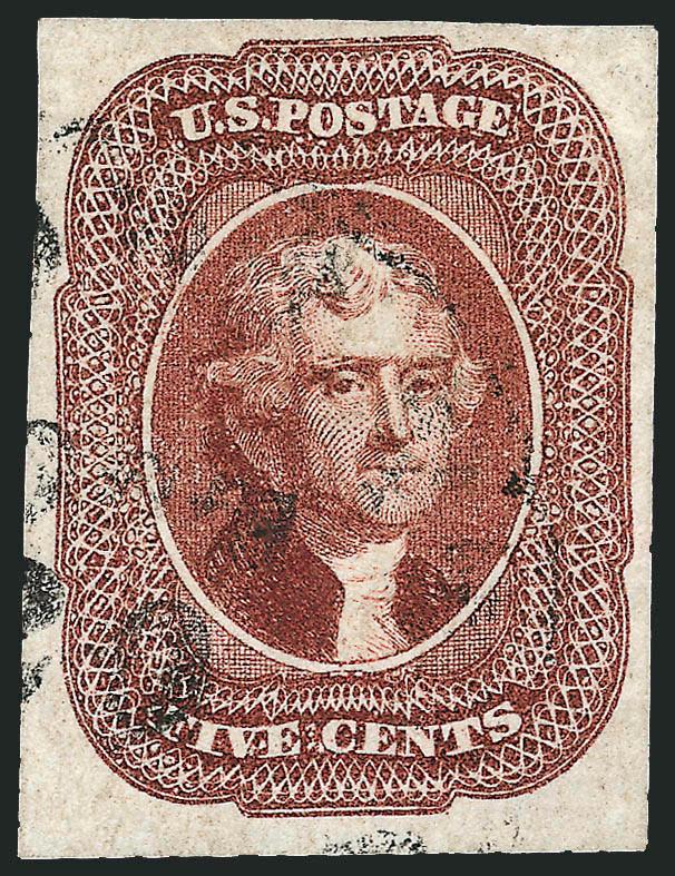 5c Red Brown (12).> Large to huge margins, pleasing color and light circular datestamp, Extremely Fine, with 2008 P.F. certificate (VF-XF 85 SMQ $1,000.00), this strikes us as a solid 90