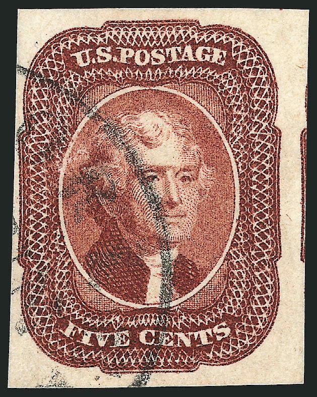 5c Red Brown (12).> A Relief from the top row of the plate, large to huge margins incl. part of adjoining stamp at right, brilliant color, unobtrusive strike of circular datestamp, Very Fine and choice, ex
Mayer