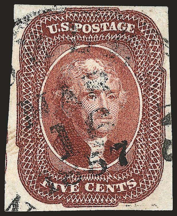 5c Red Brown (12).> Large margins to clear incl. part of adjoining stamp at left, bright shade, neat strike of 1857 circular datestamp, Very Fine, with 1987 P.F. certificate as on piece (which
accompanies)