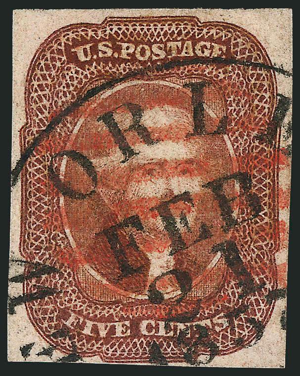 5c Red Brown (12).> Large margins to clear, pretty shade, well-struck New Orleans La. Feb. 21, 1857 circular datestamp and also <red grid> cancel, fresh and Very Fine, scarce with the red grid cancel, ex
Mayer