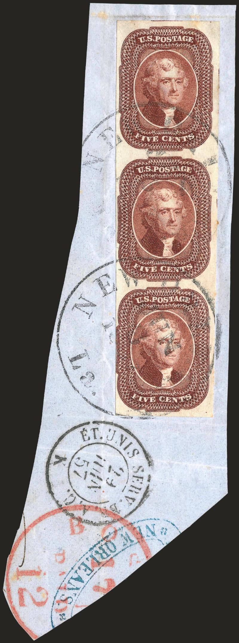5c Red Brown (12).> Vertical strip of three, large margins to barely touched at lower left and incl. part of two adjoining stamps at right and part of adjoining stamp at top, tied by New Orleans La. Jun. 3,
1857 circular datestamps on blue piece wh