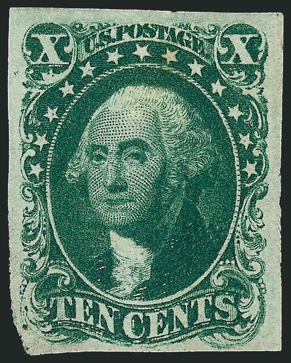 10c Green, Ty. I (13).> Unused (no gum), three large margins, ample at bottom, incredibly beautiful deep rich color, small thin spot<><>^VERY FINE APPEARING UNUSED EXAMPLE OF THE 1855 10-CENT TYPE I.^<><>With
1980 P.F. certificate