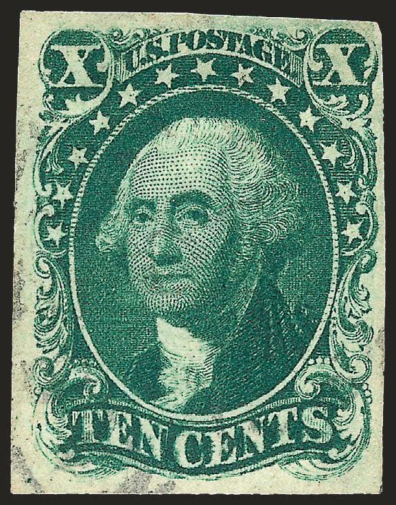 10c Green, Ty. I (13).> Large margins to clear, pretty shade, cancelled by light strike of circular datestamp, Very Fine and choice