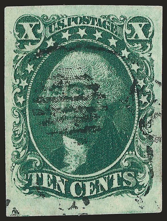 10c Green, Ty. II (14).> Large to huge margins, beautiful deep shade, neat partial <New York Ocean Mail> datestamp, Extremely Fine Gem, with 2007 P.S.E. certificate (XF-Superb 95 SMQ $780.00)