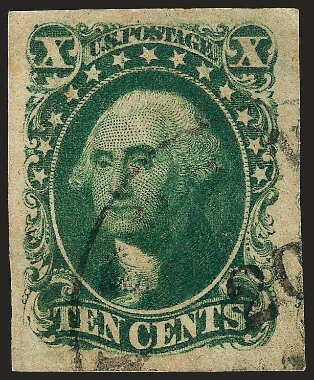 10c Green, Ty. II (14).> Large margins all around, intense shade, neat strike of circular datestamp, Extremely Fine Gem, with 2006 P.S.E. certificate (XF-Superb 95 SMQ $780.00)